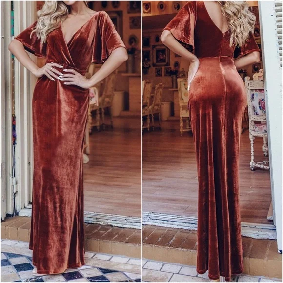 rust Brown Velvet Off Shoulder formal party evening wedding prom Luxe dress - Picture 1 of 14
